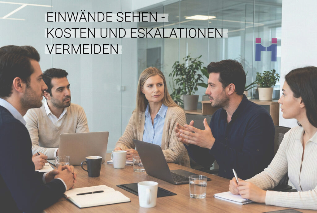 Auf dem Bild sind Menschen an einem Besprechungstisch in einem Meeting. Eine Frau zeigt eine Expression im Gesicht welche einen Einwand signalisiert.
